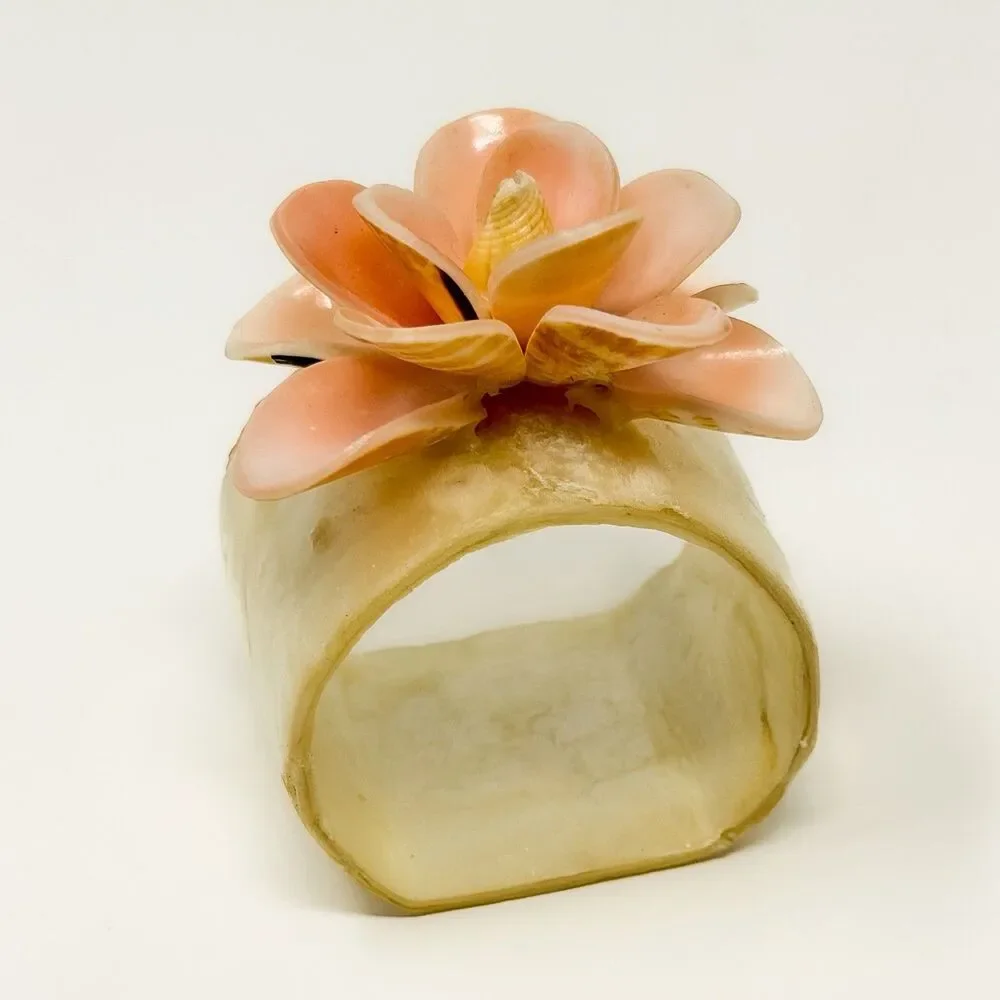 Vintage Capiz Shell Flower Napkin Ring Holders Set 8 Coastal Tropical Decor